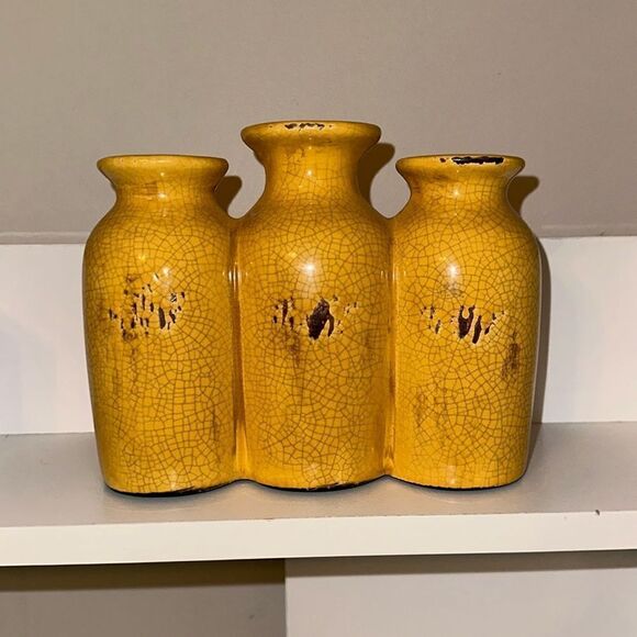 Vintage Triple Vase Decor Crackled Gold Brown Distressed - Picture 1 of 6